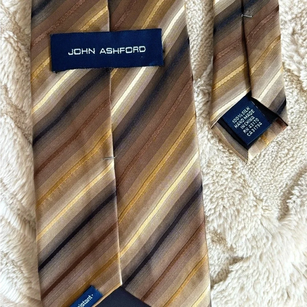 John Ashford 100% Silk Brown and Tan Striped Tie